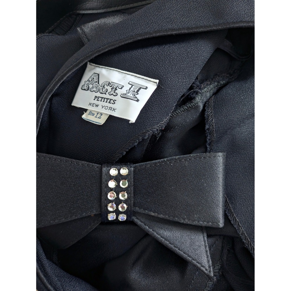 Vintage 80s Black Peplum Cocktail Dress Rhinestone Bow Belt Satin Midi Size M/L - Picture 8 of 8